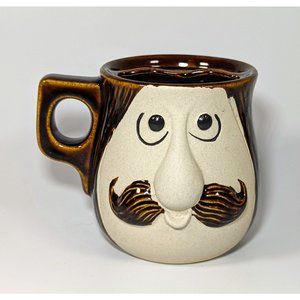 Vintage Ugly Funny Mustached Face 3-D Stoneware Pottery Mug Coffee Tea Japan
